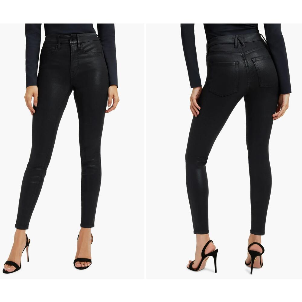 Good American Good Legs Coated Skinny Jeans Womens 10/30 Black Glossy Stretch